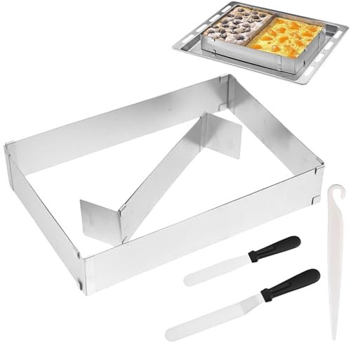 BAIFULAI Backrahmen Rechteckig Verstellbar, Edelstahl Backform rechteckig mit Kuchenlösemesser und Butterspatel, Tortenring Eckig Stufenlos Verstellbar - Routiniert Kuchen Backen und Torten Schichten