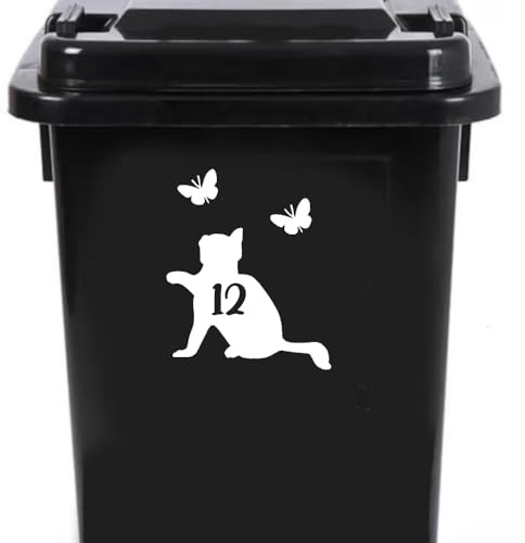 Cute Cat Chasing Butterflies Waterproof Wheelie Bin Stickers - Vinyl Material - Gifts for Cat Lovers - Bin Stickers for Wheelie Bins - Stick on Numbers - Bin Labels (12)