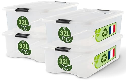 Iris Ohyama, Boite Rangement Plastique avec Couvercle, 32L, Lot de 4, Transparent, Clips de Fermeture, Poignée, Empilable, Organisation Solide et Durable, pour Chambre, Dressing, Bureau, BSB-32
