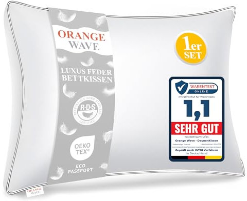 Orange Wave Kopfkissen 50x70cm Federkissen - 3-Kammer Daunenkissen 50x70 Kissen Daunen und Federn Bettkissen, RDS und ÖKO-TEX ergonomisches Schlafkissen – Doppelte Kombination aus Weichheit Stützkraft