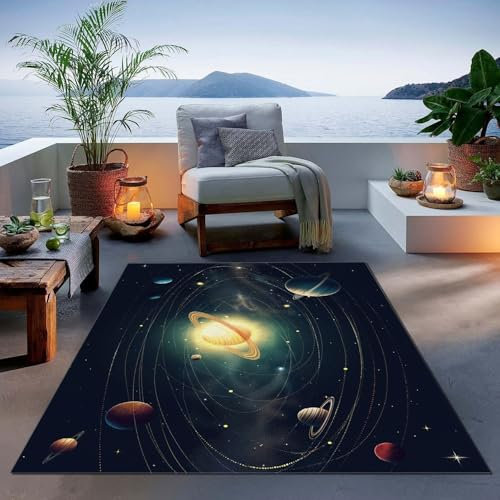 Bedruckt Planeten und Kometen Flanell Dunkelblau gelb Teppich rutschfeste Türmatte Kunst Dekoration Spielteppich Geburtstag Geschenk Leicht zu reinigen und zu pflegen 160 x 230 cm