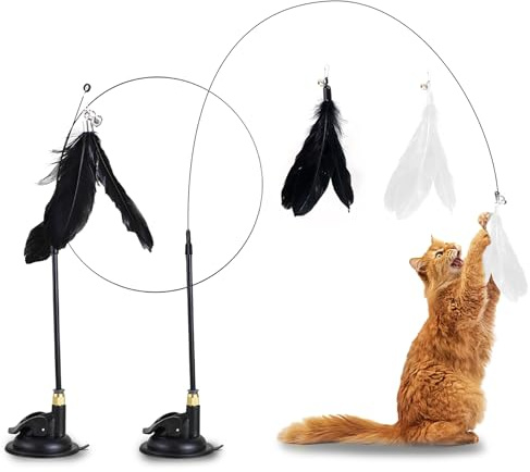 Eupneicu Katzen Spielzeug [2 Pcs], Katzenangel Stabil Mit Saugnäpfen - Katzenspielzeug Angel Mit Federn, Natürlich Interaktives Katzenspielzeug Für Katzen, Intelligenz Spielzeug Mit Federn