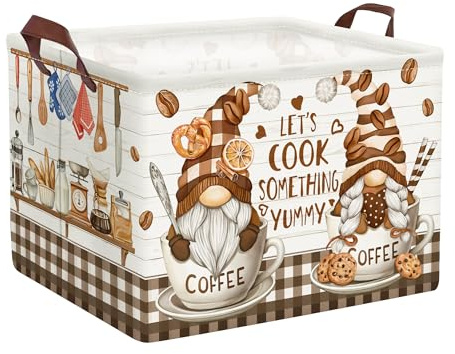 HUUMONSS Grande Cajas de Almacenaje Utensilios Cocina con Asa Cesta para Guardar Libro Ropa Juguetes Plegable Rectangular para Habitación Infantil Dormitorio, Gnomo Café, 36L