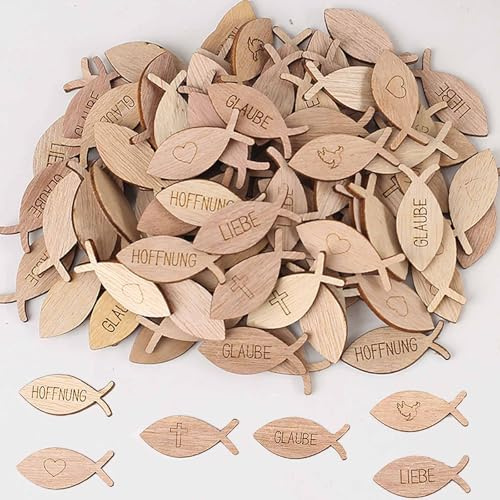 HERZWILD 100 Stücke Tischdeko Konfirmation Kommunion Taufe, Holzfische Deko Kommunion Konfirmation Taufe, Streudeko Fische Konfetti Holz für Junge Mädchen Firmung Deko (C)