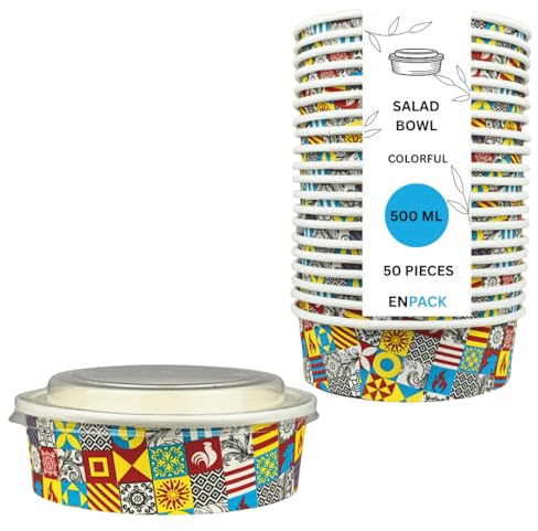 Enpack - 500ml Bowl für Lebensmittel aus Kraft Papier mit RPET Deckel - Einweg Papp-Salatschale mit PLA Innenbeschichtung - Bio-Schale (500 ml, 50, stück)