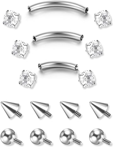 Tucnoeu 17 Stück 16G Piercing Augenbrauen, Augenbrauen Piercing Set mit Austauschbarem Kopf, Lippennägel Set Septum Piercing, 6mm-10mm Stablänge, Silber