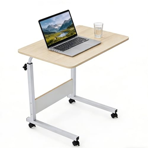 BTGGG 60×40cm Mobile Computer Desk, Laptop Over Bed Table with Wheels Compact Desk Workstation, 72-94cm Height Adjustable Desk, Simple C-Shape Overbed Table for Home Office, Birch