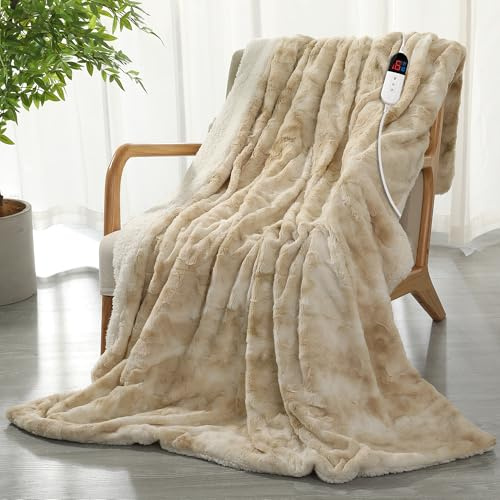 COZYTY Couverture Chauffante 130×180cm, Plaid Chauffant en Polaire Tie-dye, 6 Niveaux de Chaleur, Minuterie 10 Heures, Protection contre la surchauffe, Lavable en Machine, Blanc-Laiteux