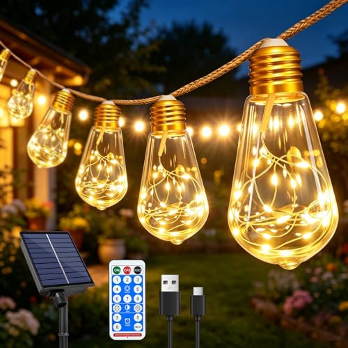PATEMZON Guirnaldas Luces Exterior Solar, Luces Solares Led Exterior Jardin 7.5M, 16 Bombillas, con 8 Modos Intermitentes y Mando, Blanco Cálido, Decoración para Jardín, Patio, Fiesta, Terraza
