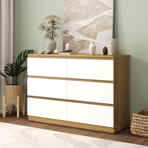 GRAVFORCE Chest of Drawers 6 Drawers Modern Bedroom Dresser with Storage Cabinet Wooden Cupboard for Bedroom Living Room White 75x110x40cm