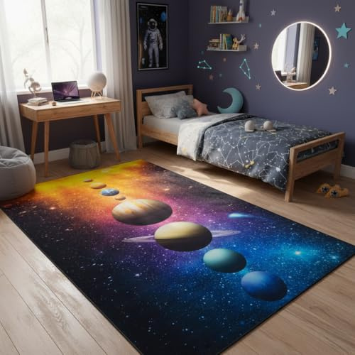 TAPISO Cosmo Game Teppich Kinderzimmer Kosmos | Kinderteppich Spielteppich Kinder Bunter Lernteppich Weltraum | Kurzflor, rutschfest, Pflegeleicht, Pädagogisch Dekorativ 180 x 250 cm
