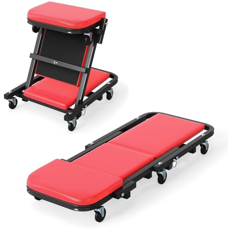 GOPLUS Chariot d'Atelier en Forme de Z, Plateau d'Atelier Pliable 2 en 1, Planche de Montage Roulante avec Siège Rembourré et 6 Roues, Fonction Assise et Couchée, pour Réparation Automobile (Rouge)