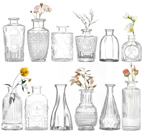 Mapille 12 Mini Jarrones de Cristal, Jarrones para Flores, Decorativos Vintage, Botellas de Cristal para Decoración de Mesa, Ideal para Bodas, Fiestas y Decoración del Hogar