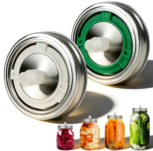 Fermentation Lids with Date Tracker & Airlock – Compatible with 16/24/32/64Oz Wide Mouth Mason Jars for Pickling, Kimchi, Kombucha & Sauerkraut, Food Grade Stainless Steel Fermentation Kit (Set of 2)