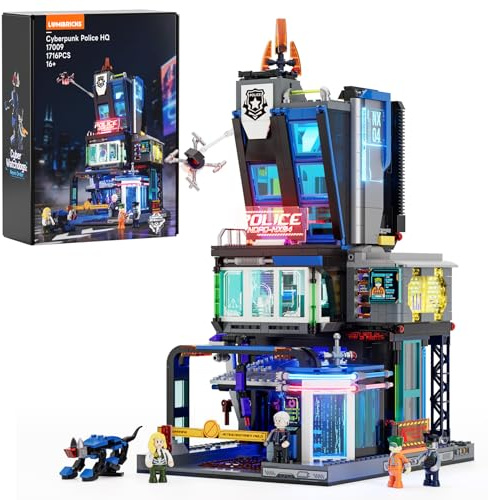 LUMIBRICKS Cyberpunk Police HQ Klemmbausteine mit LED-Beleuchtung, 1716 Teile Futuristische Polizeistation, Modulares Cyberpunk-Gebäude mit 3 Etagen, Bauset für Erwachsene und Jugendliche ab 16 Jahren