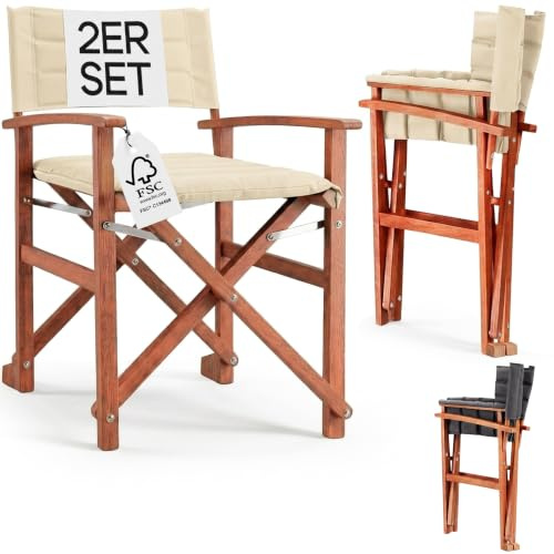 Casaria® Regiestuhl Gepolstert, 2er-Set, Eukalyptusholz FSC-Zertifiziert® | Klappbar, Für Garten Balkon Terrasse und Wohnzimmer, Kissen, waschbarer Bezug, Sitzhöhe 45cm, Sitzfläche 46x47cm, creme