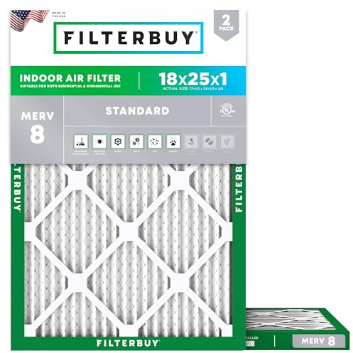 Filterbuy 18x25x1 Air Filter MERV 8 Essential Dust & Allergy Defense (2-Pack), Electrostatic Pleated HVAC AC Furnace Filters Replacement (Actual Size: 17.50 x 24.50 x 0.75)