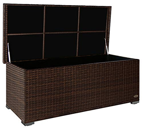 RS Trade® exclusive 'Sienna' 650l Polyrattan Garten Kissenbox wetterfest wasserdicht 155 x 73 x 60 cm, Auflagenbox mit verstärktem Deckel und Gasdruckfedern, als Sitztruhe oder Tischplatte; Braun