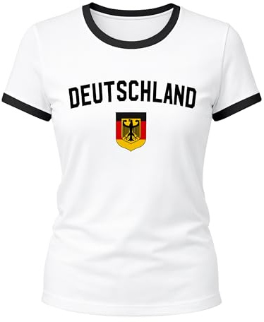 Klassisches Damen WM-Shirt Deutschland Flagge Retro Trikot-Look Fan-Shirt Weiss-schwarz L