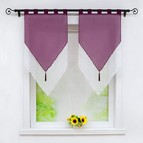 Joyswahl Scheibengardine Voile Panneaux 60x90cm Lydia 45x90cm Violett/Weiß | Bistrogardinen mit Quaste,Landhausstil,Zweifarbig,Doppelschicht Kurzstore,Mit Schlaufen,2 Stück,Küchengardinen modern