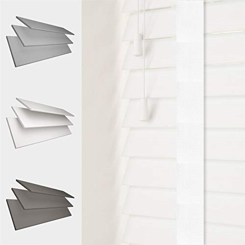 FAUX WOOD GRAIN VENETIAN BLINDS 50MM SLATS TRIMMABLE EASY FIT OFFICE HOME [White, 150cm Width x 120cm Drop, Tape]
