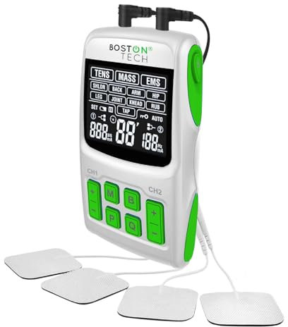 Boston Tech Electroestimulador Muscular TENS EMS 3 en 1 WE112 | 36 Programas + Intensidad Ajustable + 4 Electrodos | Alivio del Dolor, Rehabilitación y Estimulación Muscular | Batería AAA Incluida