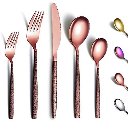Berglander Juego de cubiertos de 30 piezas con mango de superficie lunar y cabeza de oro rosa brillante enchapado en titanio acero inoxidable cobre cuberteria utensilios servicio para 6