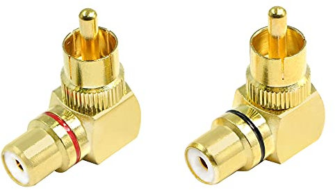 PNGKNYOCN - Adattatore ad angolo retto RCA, 90 gradi placcato oro, connettore AV stereo maschio a femmina per connessione audio stereo (confezione da 2)