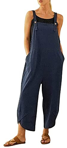 Runstarshow Womens Linen Overalls Baggy Adjustable Strap Sleeveless Jumpsuit Playsuit Bib Pants Dungarees with Pockets