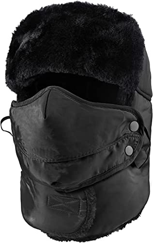 Ikruidy Fliegermütze,Fellmütze Schwarz Wasserdicht Unisex Wintermütze mit Ohrenklappen mit Nackenwärmer und Abnehmbarer Maske zum Skifahren Eislaufen Klettern Weitere Outdoor-Aktivitäten