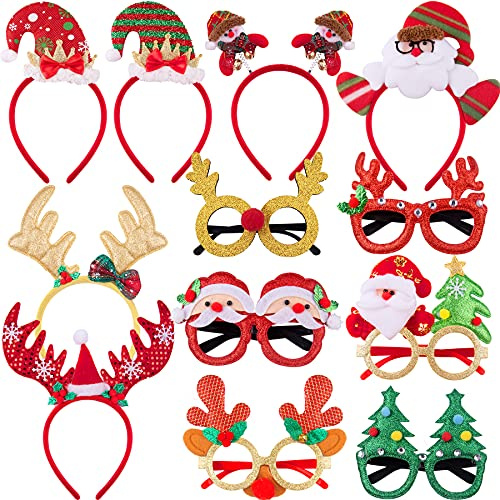 SIQUK 6 Stück Weihnachts Haarreif und Brillen Lustiges Rentier Kostüm Stirnband Weihnachtsbaum Gläser Gastgeschenke und Dekoration