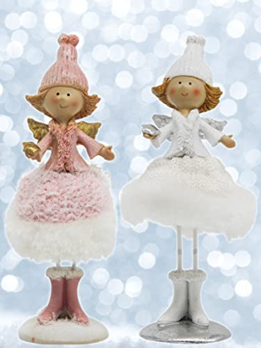 Pommerntraum ® | 2-ER Set Elfen Engel Schutzengel Engelchen Nana Engel Weihnachtsengel Weihnachtsfiguren Dekorationsfiguren Schreibtischfiguren (Weiss + rosa - 15 cm)