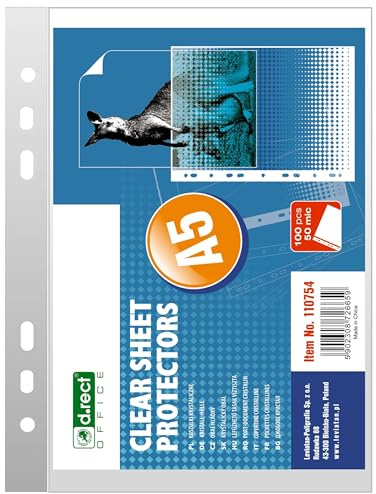 D.RECT Fundas A5 Transparentes 100 Unidades – Fundas Multitaladro 50 Micras para Documentos – Bolsillos de Plástico Resistentes con Apertura Lateral – Archivadores Oficina Escuela