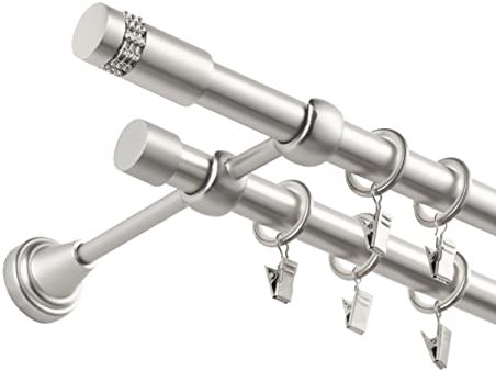 Fenster DEKOR - Gardinenstange Wandmontage 2-läufig 340 cm - Vorhangstange aus Stahl mit 68 Ösen und Clips - Gardinen Stange Satin - Gardinenstangen im Set mit Dübel - Elegante Vorhangstangen