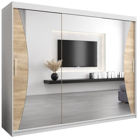 MEBLE KRYSPOL Kleiderschrank mit Spiegel Monaco - Garderobenschrank - Schrank Schlafzimmer - Mehrzweckschrank DREI Schiebetüren - Regalen - Flur Möbel - Kleiderstange Schrank - Allzweckschrank