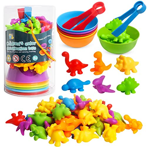 Simfunso Toys for 3 Year Old, Counting Dinosaurs Set, Color Sorting Dinosaurs for Toddlers, Dinosaurs Toys for Kids 3-5, Montessori Preschool Learning Sets, for 3 4 5 Year Old