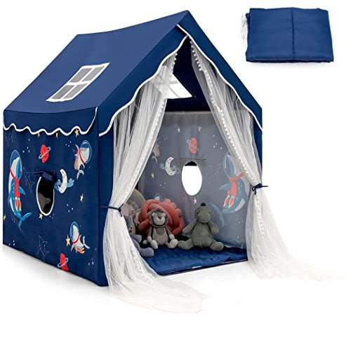 COSTWAY Kids Play Tent, Large Children Playhouse with Washable Mat and Windows, Indoor Outdoor Castle Fairy Tents for Boys & Girls (Blue)