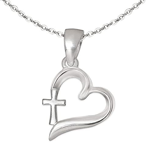 CLEVER SCHMUCK Collier croix dans un cœur 12 mm simple & fine chaîne ancre 40 cm pour enfants première communion confirmation en argent sterling 925 dans un étui en forme de croix, Métal