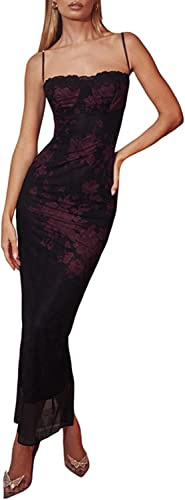 Las Mujeres de Encaje Floral de Corte bajo sin Espalda Tirantes Finos de una Sola Pieza Vestido Largo Abierto de Nuevo la luz de satén Vestido Largo Bodycon impresión Vestido