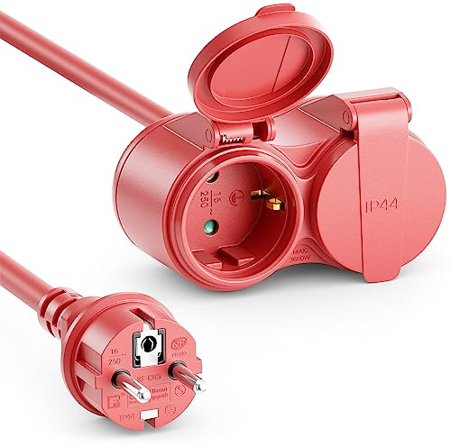 deleyCON 10m Câble Rallonge Extérieur Électrique IP44 (H07RN-F 3G1.5mm²) Câble D’Alimentation en Caoutchouc Résistant aux Intempéries - Fiche avec Contact de Protection vers 2 Prises - Rouge