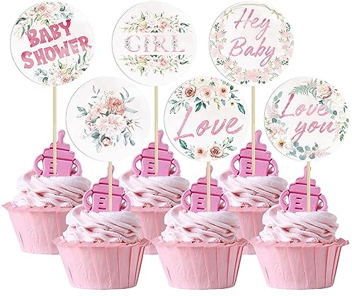 Gyufise 36Pcs Baby Cupcake Toppers Baby Shower Party Supplies Picks Floral Theme Baby Shower Cupcake Toppers Gender Reveal Cupcakes Cake Decorations for Baby Birthday Party