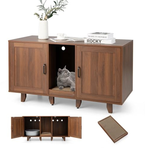 COSTWAY Meuble Litiere Chat en Bois, Cache Litiere Chat Double Porte 3 en 1, Planche à Griffer, 6 Pieds Surélevés Amovibles, 6 Passe-Câble, Maison de Toilette Chaton, 120 × 52 × 65 CM, Brun