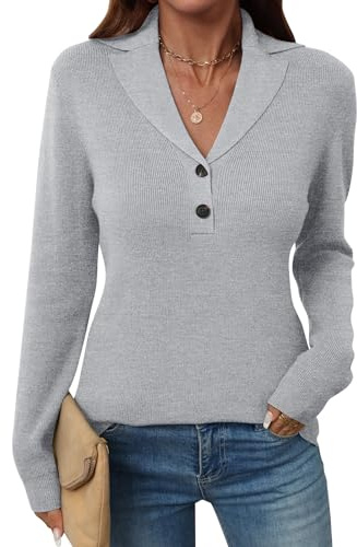 LOMON Womens Sweaters Fall 2025 Collared V Neck Tunic Pullover Dressy Casual Long Sleeve Knitted Lightweight Jumper Business Button Polo Shirts (Gray,Medium)