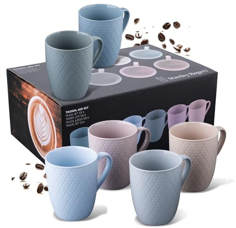 Stanley Rogers Juego de 6 tazas - Tazas de café con un moderno diseño de rombos - Material New Bone de alta calidad en colores pastel - Perfectas para café, té o cacao - 340 ml de volumen