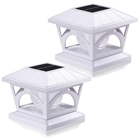 AEFRELEOHT Solar Post Cap Lights, 9 Colors to Choose, 20 Lumens, Warm White & RGB Automatic Cycling & Fixed RGB Color 3 Modes for 3.5x3.5 4x4 4.5x4.5 5x5 Wooden Posts Decoration, White (2 Pack)