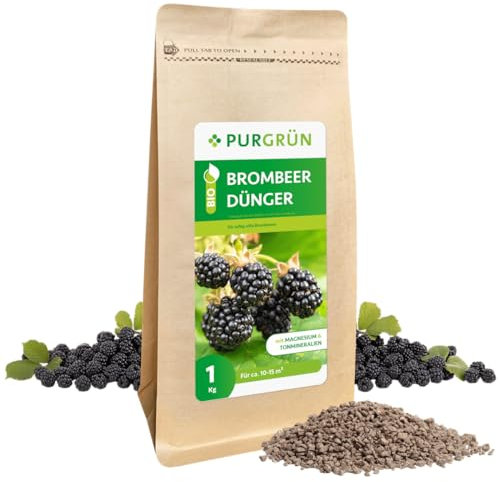 Purgrün® Bio-Brombeer-Dünger 1 Liter – Organisch-mineralische Rezeptur – Feinkörniges Krümelgranulat – NPK 6+3+8 – Mit Magnesium für saftig süße Brombeeren – Verbessert die Bodenqualität