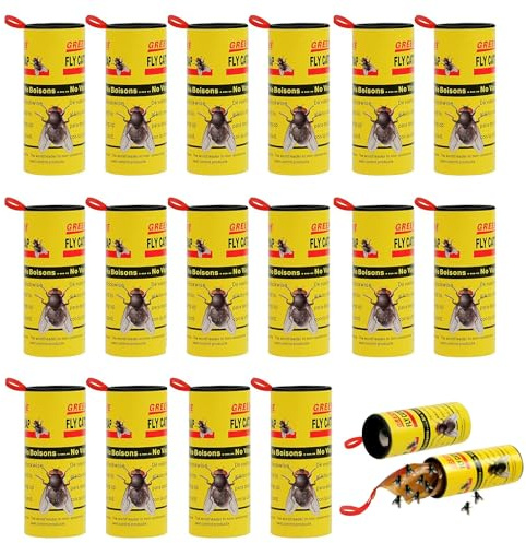 Acchiappamosche, Strisce Trappole Mosche, Trappole Adesive per Mosche, Rotolini Acchiappamosche, Carta Moschicida Adesiva per Interno Esterni Uso di Mosche, Zanzare e Altri Insetti Volanti, 16 Pezzi