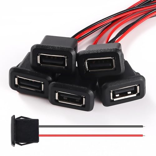 KUOQIY 5 Stücke 3A 2 Polige USB Buchse, Schnelllade Typ A Buchse, mit 100mm 22 AWG Drähten, Schwarz