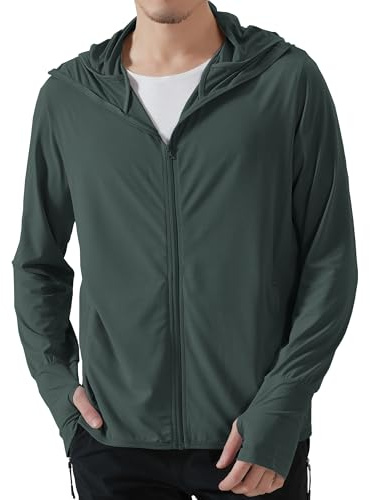 Locachy Men's UPF 50+ Sun Protection Outdoor Lightweight Full Zip Hoodie Jacket Long Sleeve Fishing Hiking Performance Shirt Grey Green L