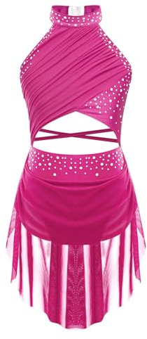 YiZYiF Vestito da Balletto Bambina Costume di Danza Senza Maniche Abito da Ballo Lirico Contemporaneo Body da Ginnastica Vestito Pattinaggio Artistico Rosa Caldo 11-12 Anni
